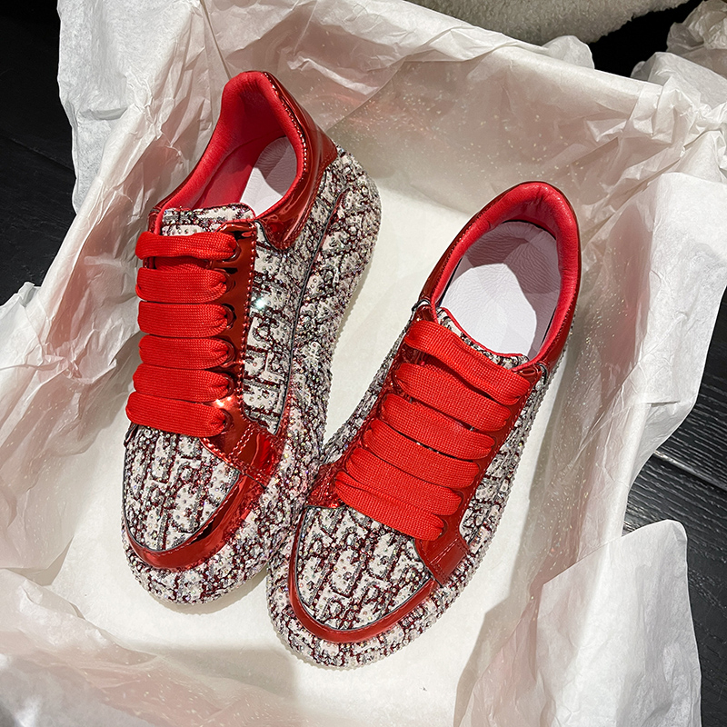 Women Casual Rhinestone Shoes Handmade Diamond Inlaid Fashion Board Shoes Trend Versatile Thick Soled Party Sports Shoes Water Diamond Graffiti Luxury