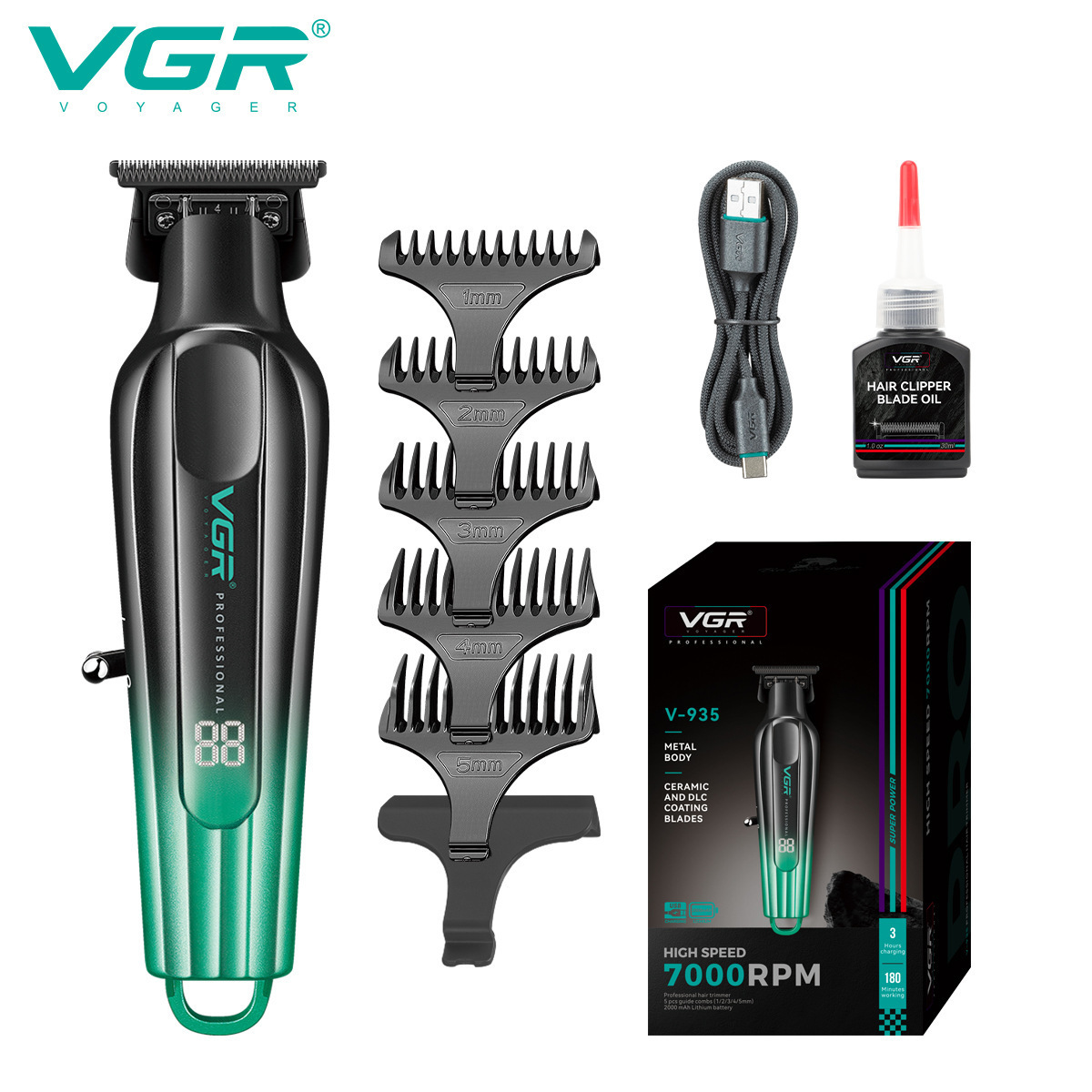 VGR935 New Metal Electric Clipper LCD Display Mens Electric Rechargeable Gradient Color Carving Hair Clipper 240703