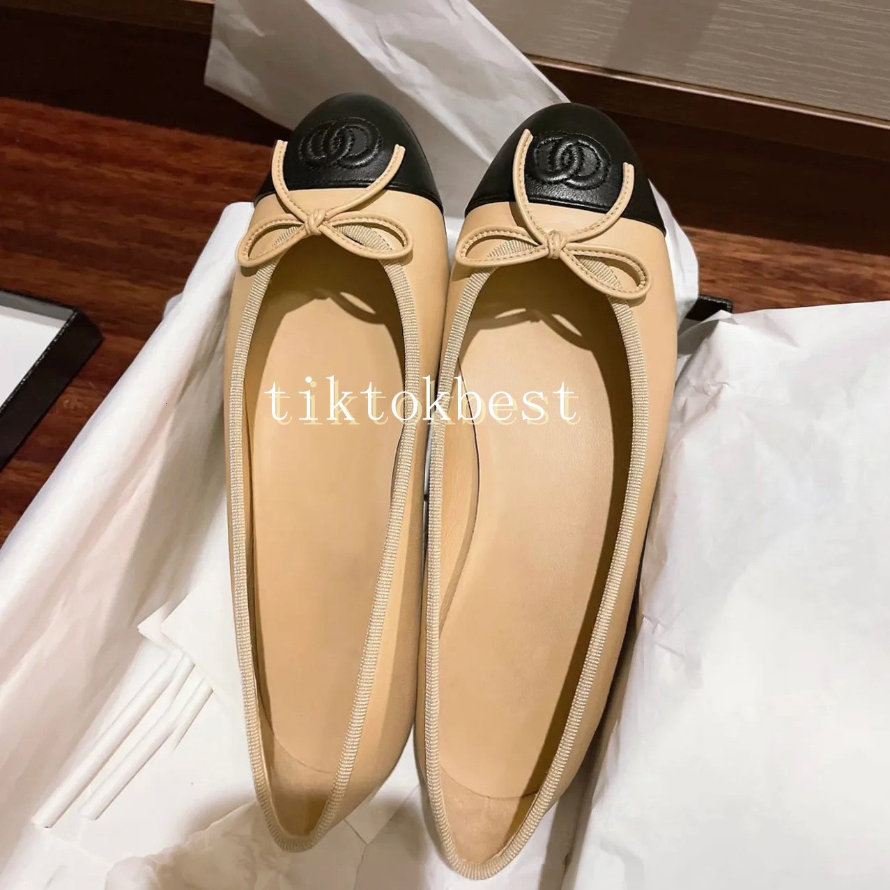 Designer Shoes Paris Brand Apricot color Black Ballet Flats Shoes Women Quilted Genuine Leather Slip On Ballerina Luxury Round Toe Ladies Dress Shoes HJ2G Slingback