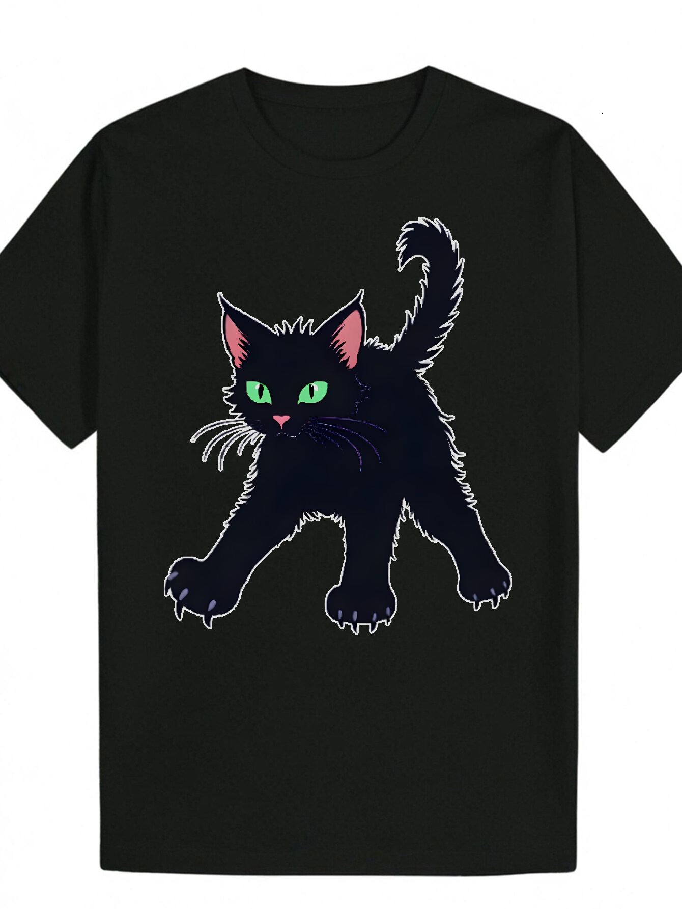 Men's Summer Short Sleeve T-Shirt with Black Cat Pattern - Lightweight Polyester, Round Neck, Regular Fit, Machine Washable, Bright Colors, Suita