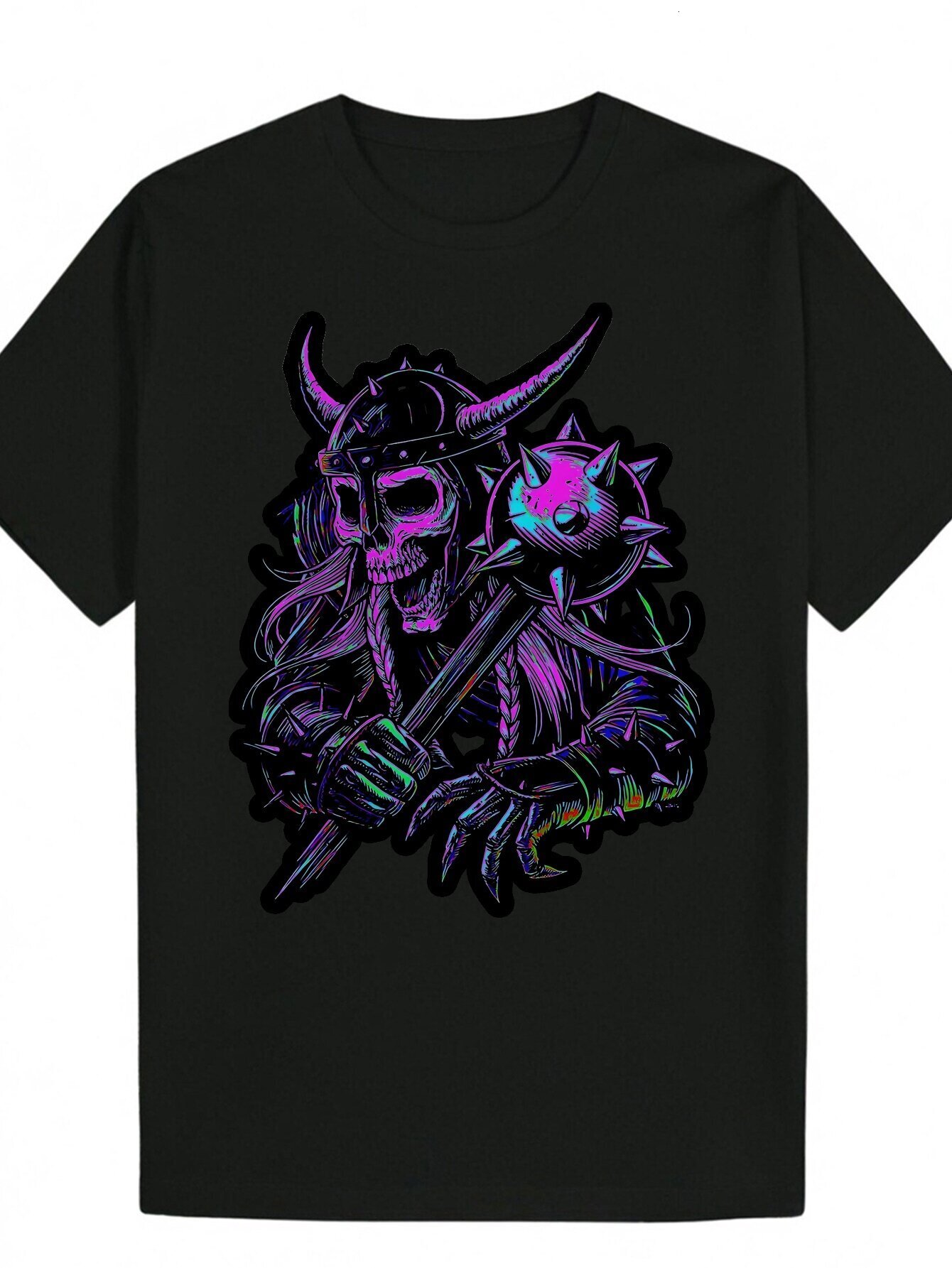 Men's Black Summer - Round Neck Polyester Pattern T-Shirt with Vibrant Skull Warrior Design, Machine Washable, Lightweight and Breathable, Suitab