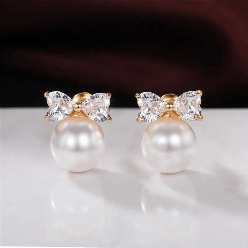 80s Simple Fashion Imitation Pearl Stud Earrings Girls Gold Color Bow Aesthetic Jewelry Hot Sale Earrings for Women Drop Ship Y250804