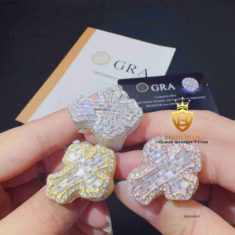 Wholesale Price Factory Direct Sale Fine Hip Hop Jewelry Gold Plated Sier Moissanite Cross Ring