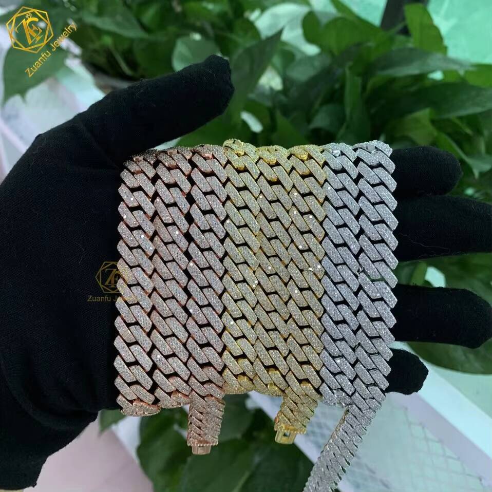100% Pass Tester VVS Moissanite Diamond 12mm 15mm Wide 2Rows Sterling Silver Cuban Link Chain for Rapper Hip Hop Necklace