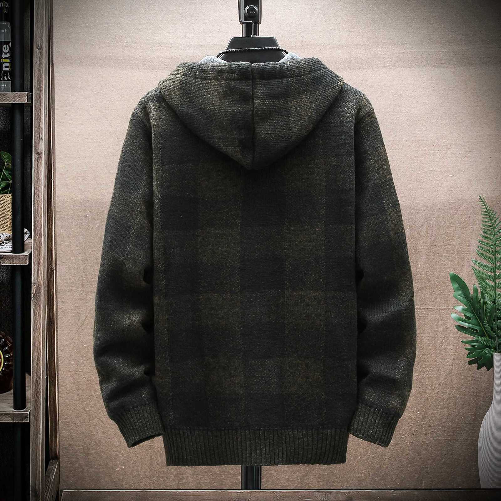 Mens Plaid Sweater Hooded 2024 New Winter Cardigan Coat Wool Zipper Jacket Autumn Fleece Warm Clothes Checkered Knit Jumper XJ250805