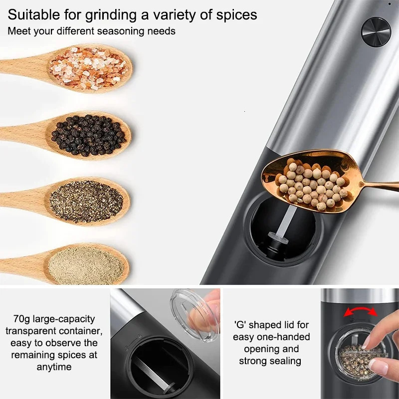 Electric Salt and Pepper Grinder Set With Led Light USB Rechargeable Automatic Spices Grinder Adjustable Spice Mill Kitchen Tool 250804