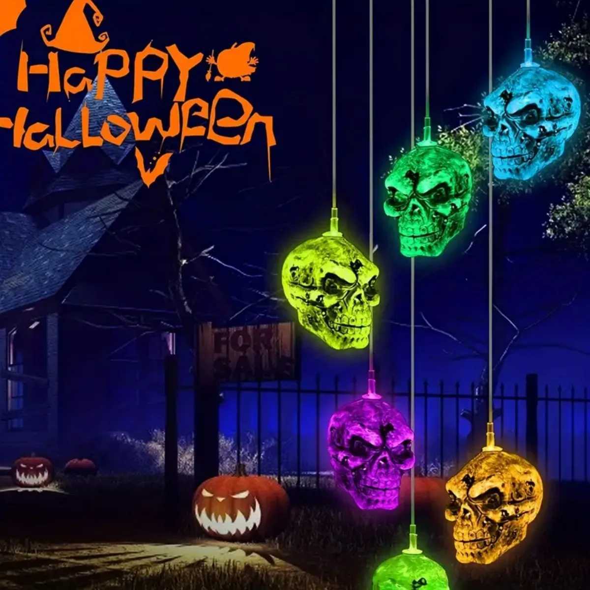 1pc 6LED Halloween Skull Head Solar Wind Chime Lights Solar Operated Color Changing Hanging Garden Lights Suitable for Bar Decoration XJ250804