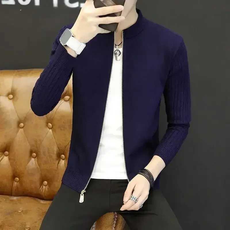 Knit Sweater Men Solid Color No Hoodie Collared Mens Clothing Zip-up Cardigan Zipper Plain Stylish Hot Casual Neck Cotton A XJ250805