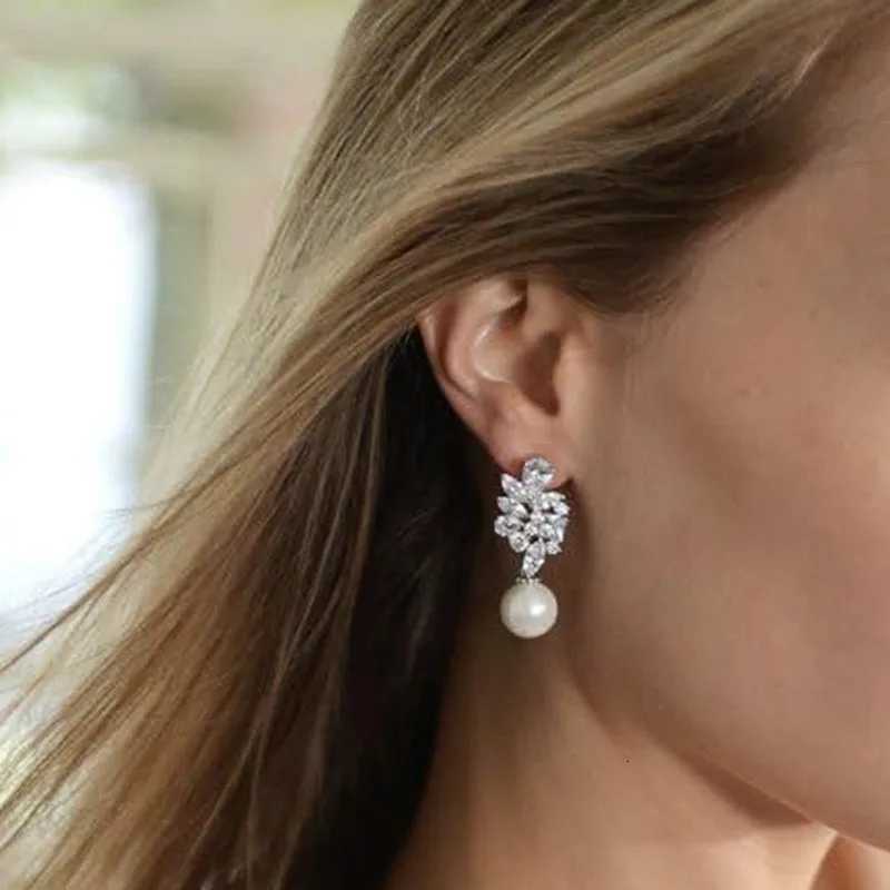 925 Sterling Silver Brilliant CZ Bridal Wedding Pearl Earrings for Women Bling Drop Earrings for Women Trendy Jewelry Y250804