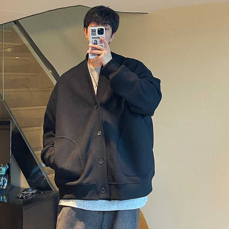 Spring New Mens Trendy Cardigan Black O-neck Long Sleeve All-matched Knitted Sweatshirts Japanese Lazy Loose Solid Sweater XJ250805