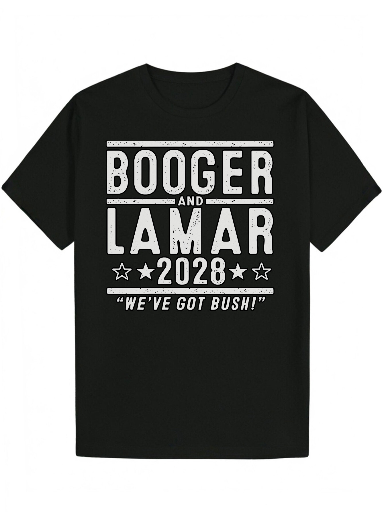 Men's Casual Short Sleeve T-Shirt - Distressed "Booger&Lamar 2028" Pattern Print, Black Crew Neck Summer T-Shirt, 100% Polyester, Machi