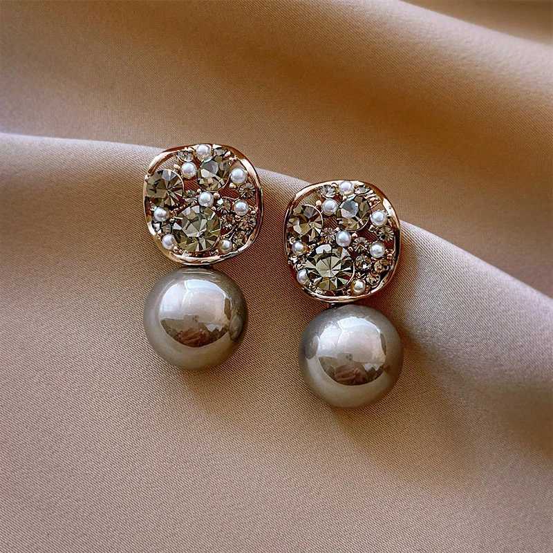 2024 New Arrival South Korea Elegant Gray Crystal Imitation Pearl Dangle Earrings For Women Fashion Sweet Jewelry Accessories Y250804