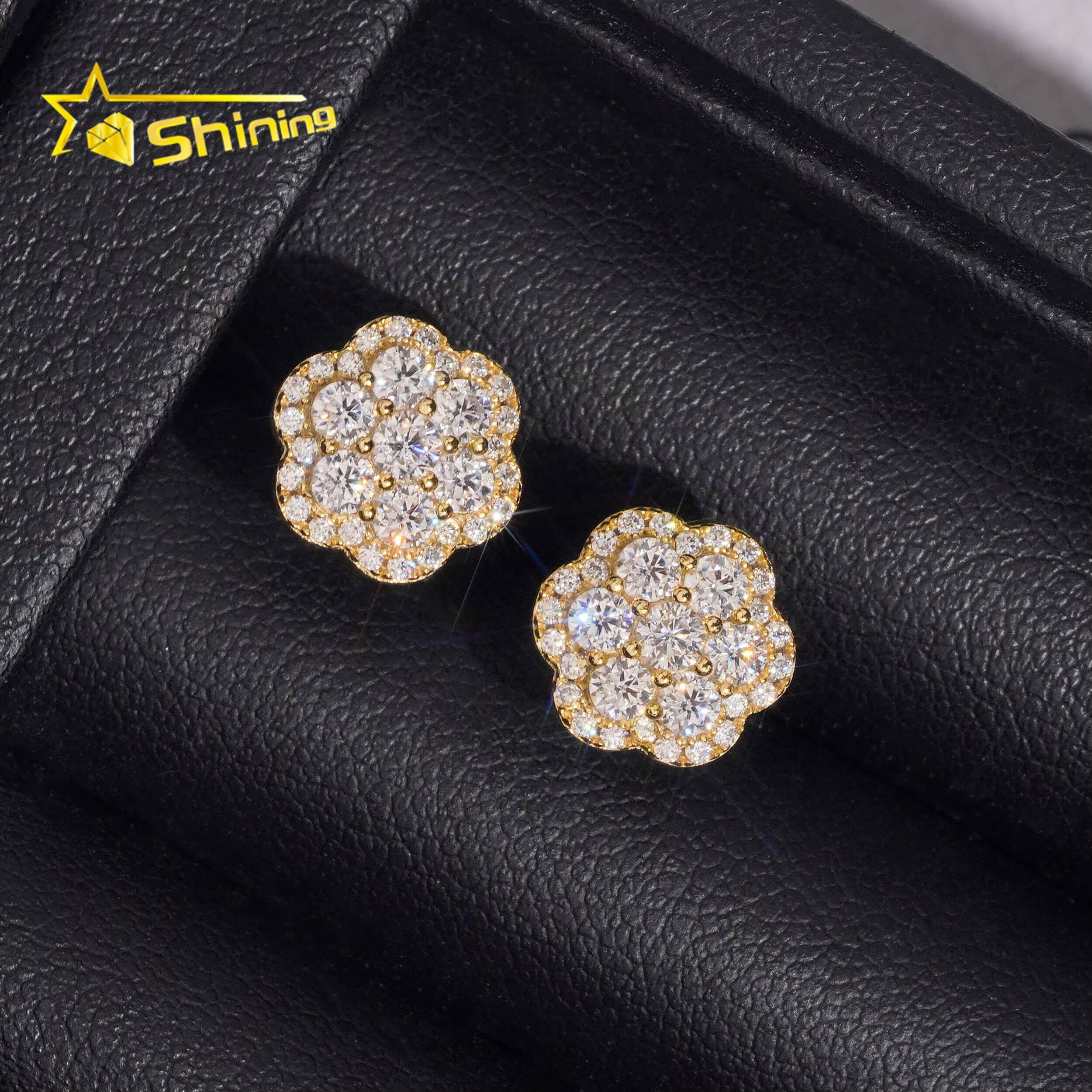 Fine Jewelry Iced Out Hip Hop 925 Silver Flower Pass Diamond Tester Moissanite Stud Earrings