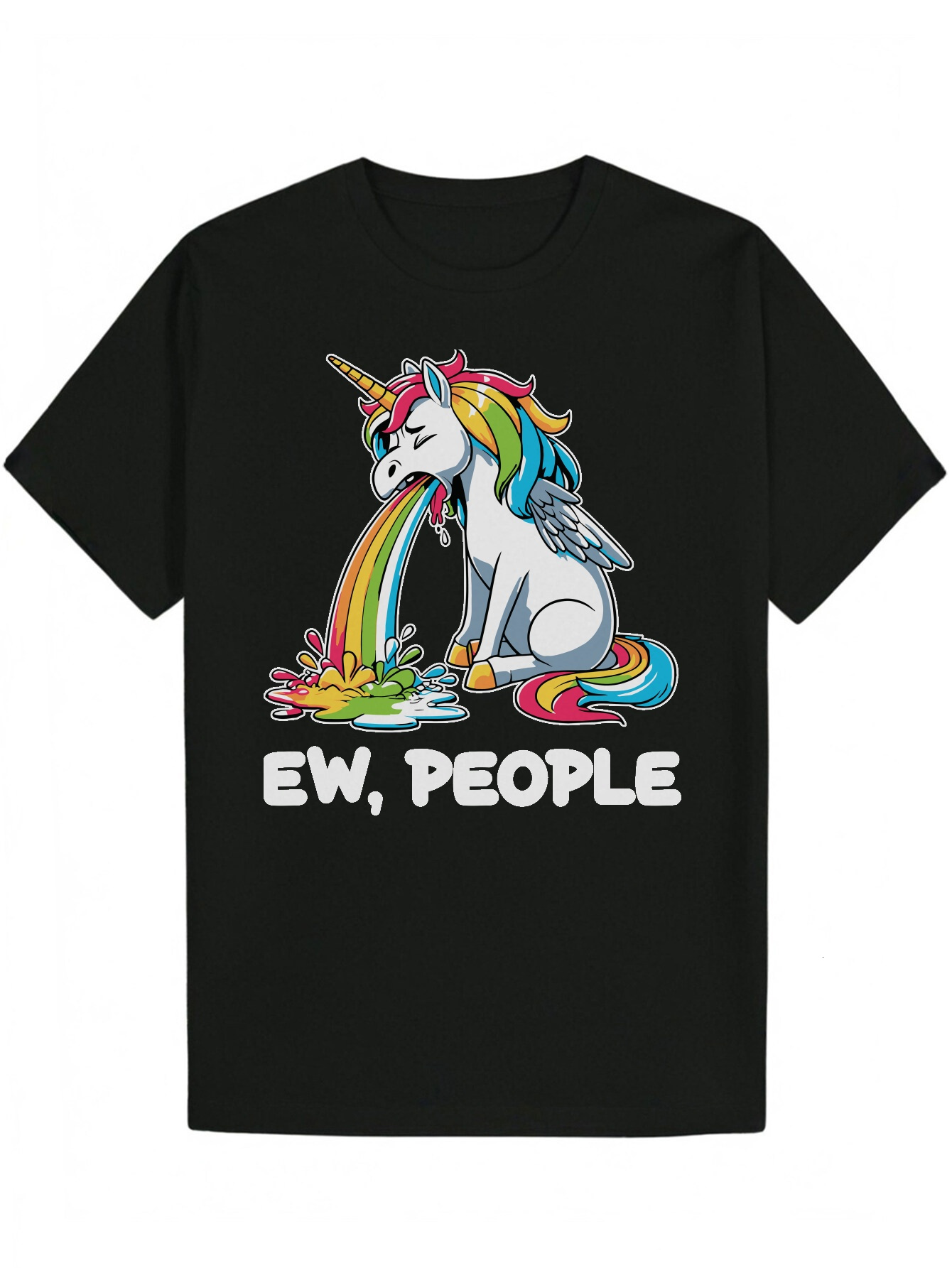 Men s Pattern T Shirt Black Rainbow Design with EW PEOPLE Crew Neck Suitable for Casual Wear Summer T Shirt Breathable Clothing Playful Print