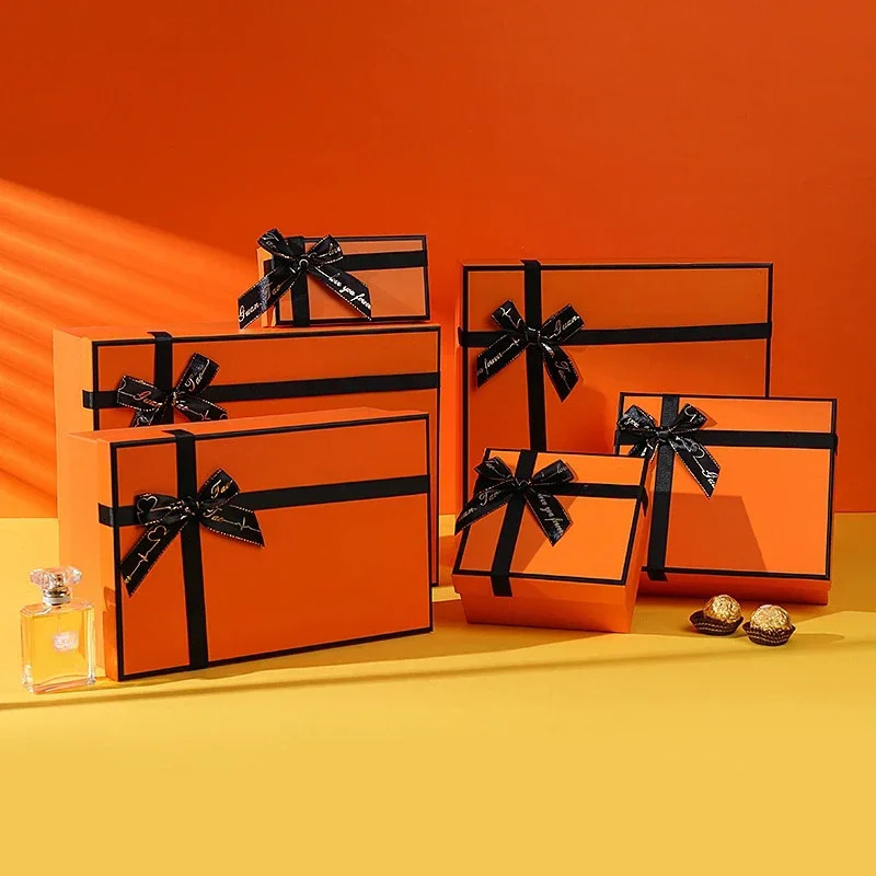 Luxury High End Orange Gift Box with Bow Grass Card Cardboard Box Wedding Party Gift Chocolate Candy Packaging Multi Size Boxes Bag 250805