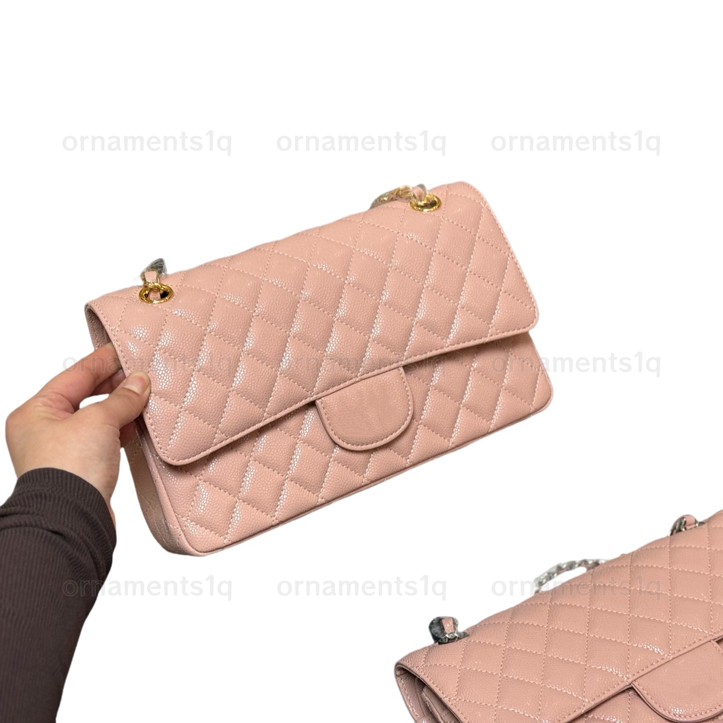 Elegant Womens Small Caviar Leather Cross-body Purse Featuring a Durable Chain Handle High Quality Handbag 25cm