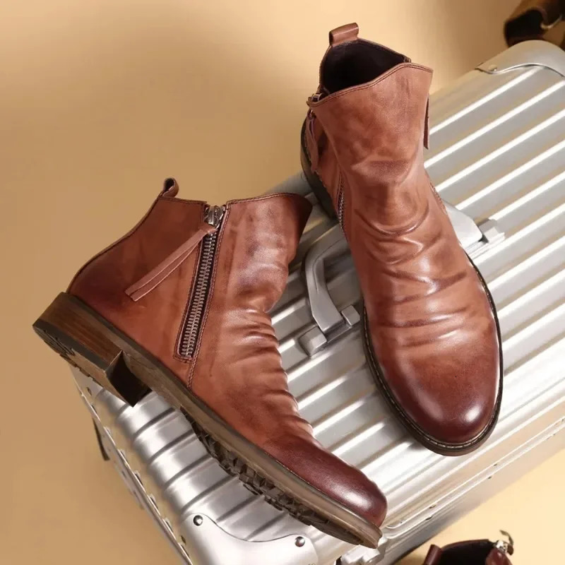Mens PU Leather Chelsea Boots Fashion High-top Tassel Zip Shoes Spring Autumn Ankle Boots for Men Comfort Plus Size 38-48 250729