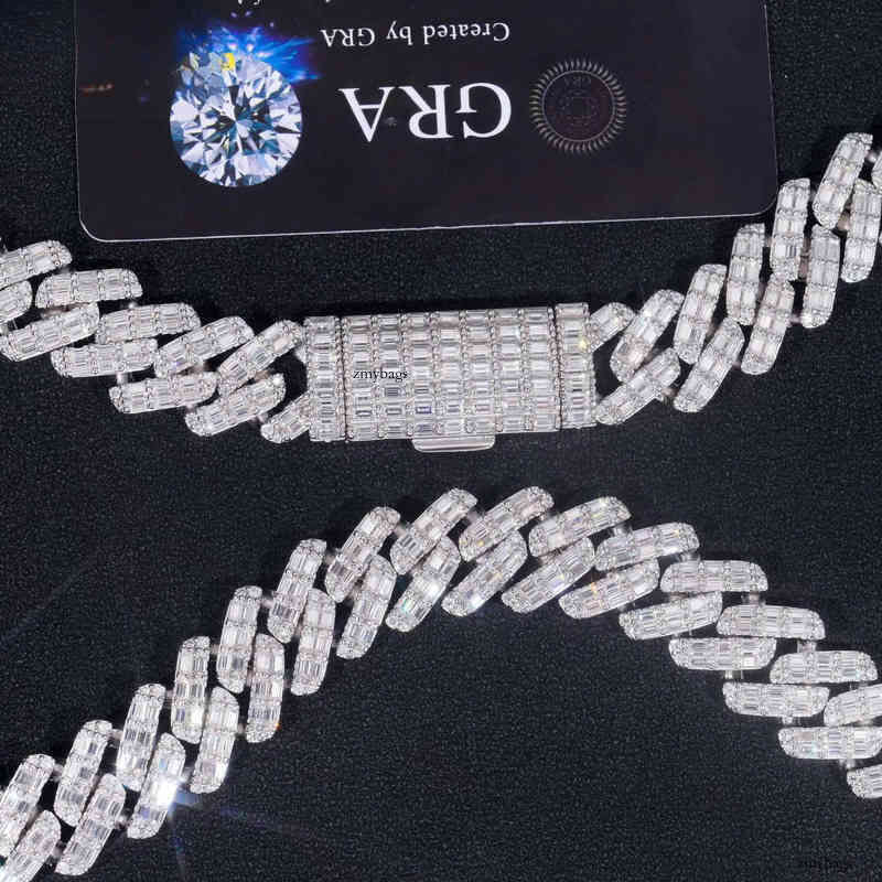 Rappers Design Hip Hop Jewelry Sterling Sier VVS Moissanite Dia 2 Rows Baguette Cuban Link Chain