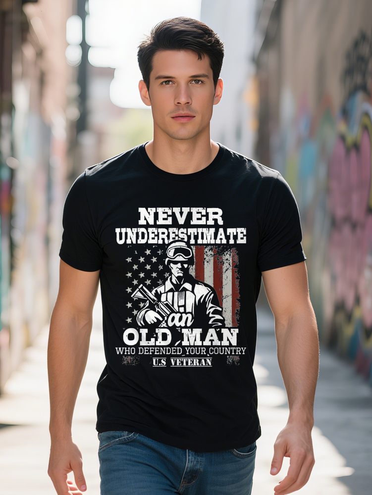 Men's 220g 100% Cotton - Never Underestimate the Elderly Patriotic Veteran Pattern with Distressed American Flag Design, Veterans Day and Casual 