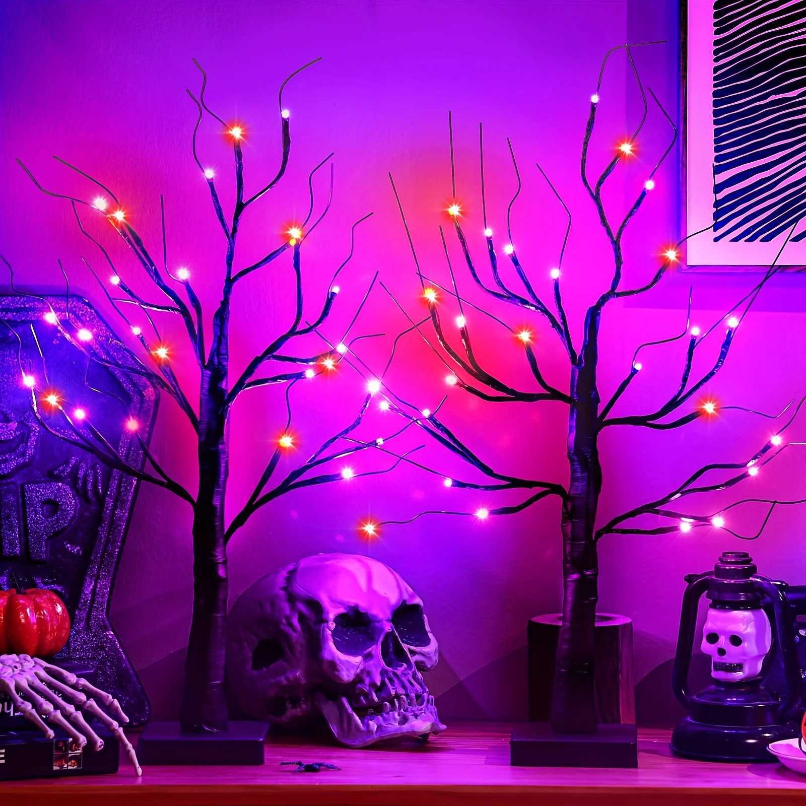 Halloween birch tree light orange purple 24 LED black branch tree string light USB/battery powered desktop holiday decoration XJ250804