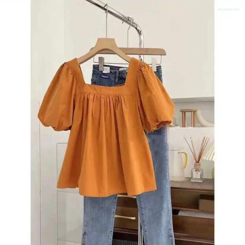 Women's Blouses Orange Square Collar Bubble Sve Ort Irt Women Summer Design Sensation Doll Ele Loose Top French Sle...
