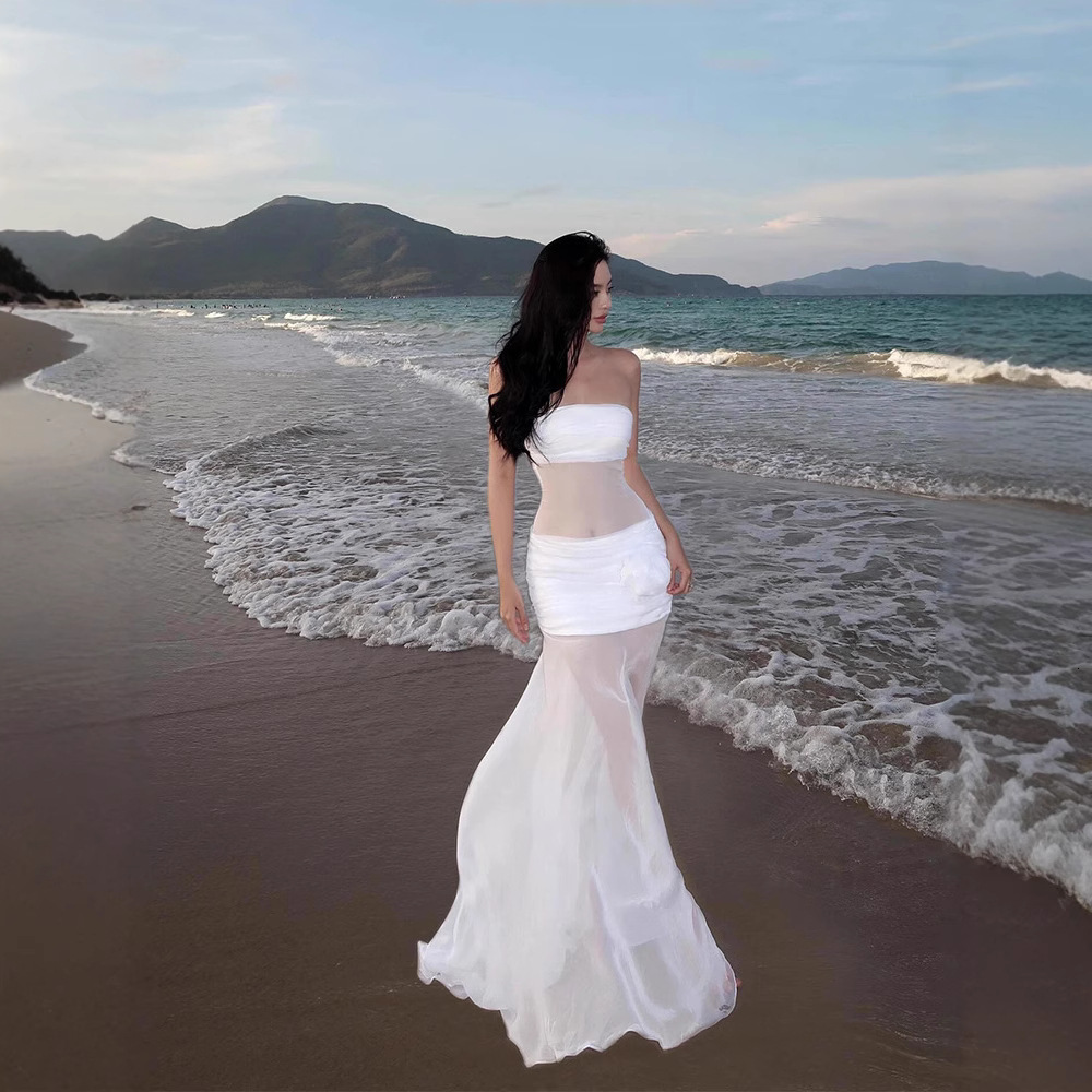 2025 trend beach vacation style transparent mesh tube top with a slim and elegant design, suitable for travel and photography. New designer dresses