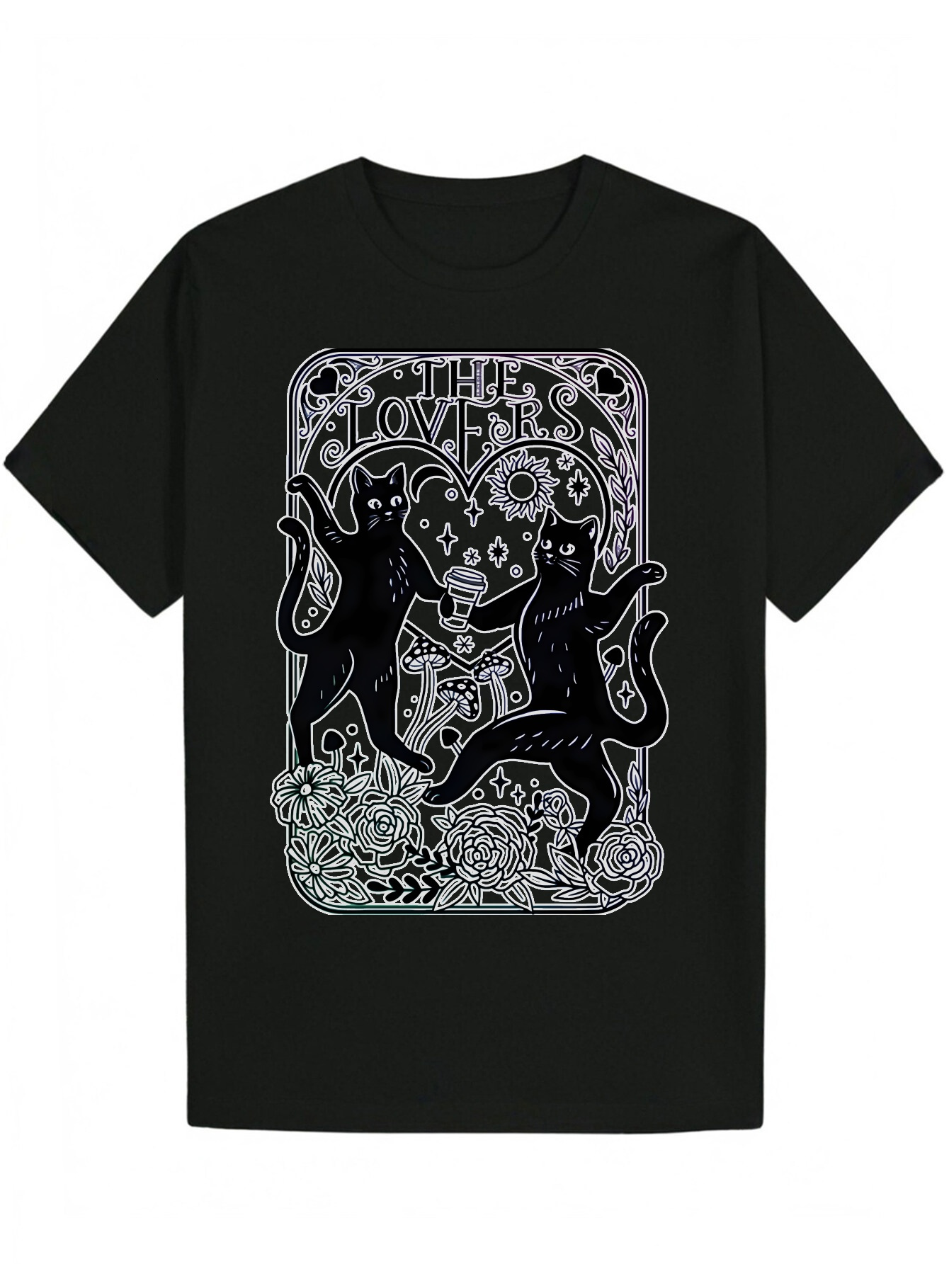 Men's T-Shirt with Complex Floral Design - Black Polyester, Round Neck, and Breathable, Suitable for Wear, Summer Casual Wear Animal Print | Ligh