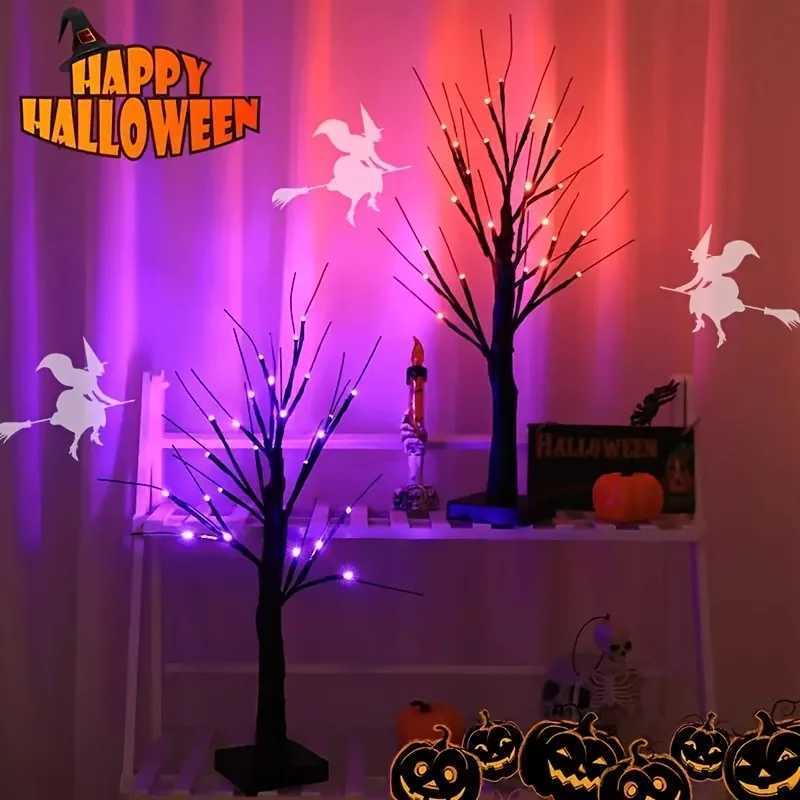 Halloween birch tree light orange purple 24 LED black branch tree string light USB/battery powered desktop holiday decoration XJ250804