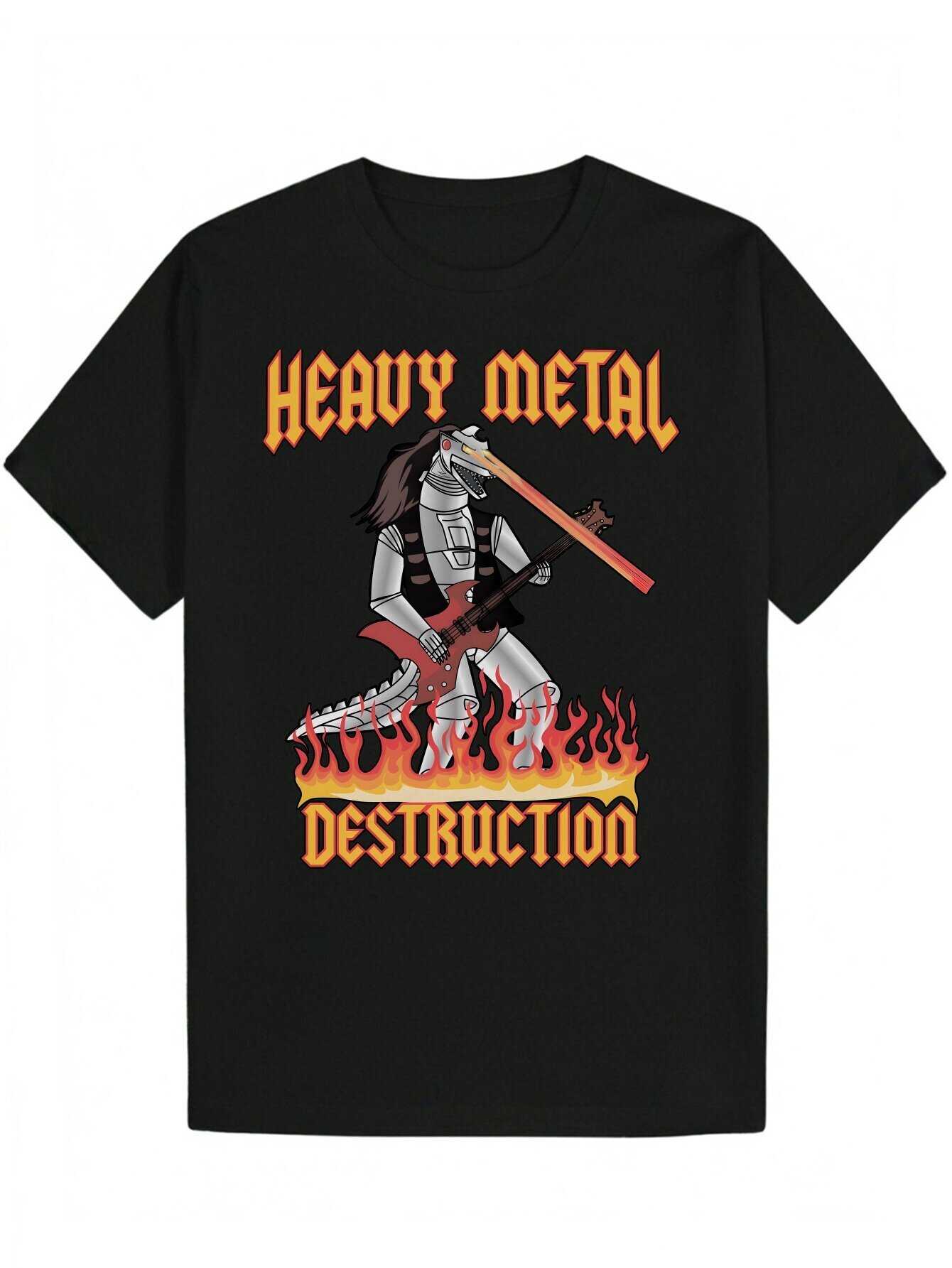 Men's Heavy Metal Distressed Graphic - Black Casual Crew Neck Polyester with Bold Red and Orange Print, Essential for Rock Music Fans in Summer, 