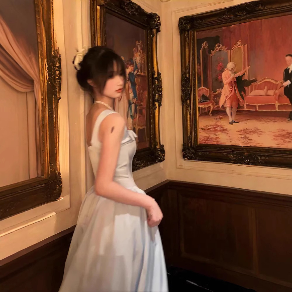 2025 Blue Dress French Style Stunning Lightweight Dress Heavy Craftsmanship Bow Princess Dress Satin Waist Birthday Dress trend Women's Summer Ne