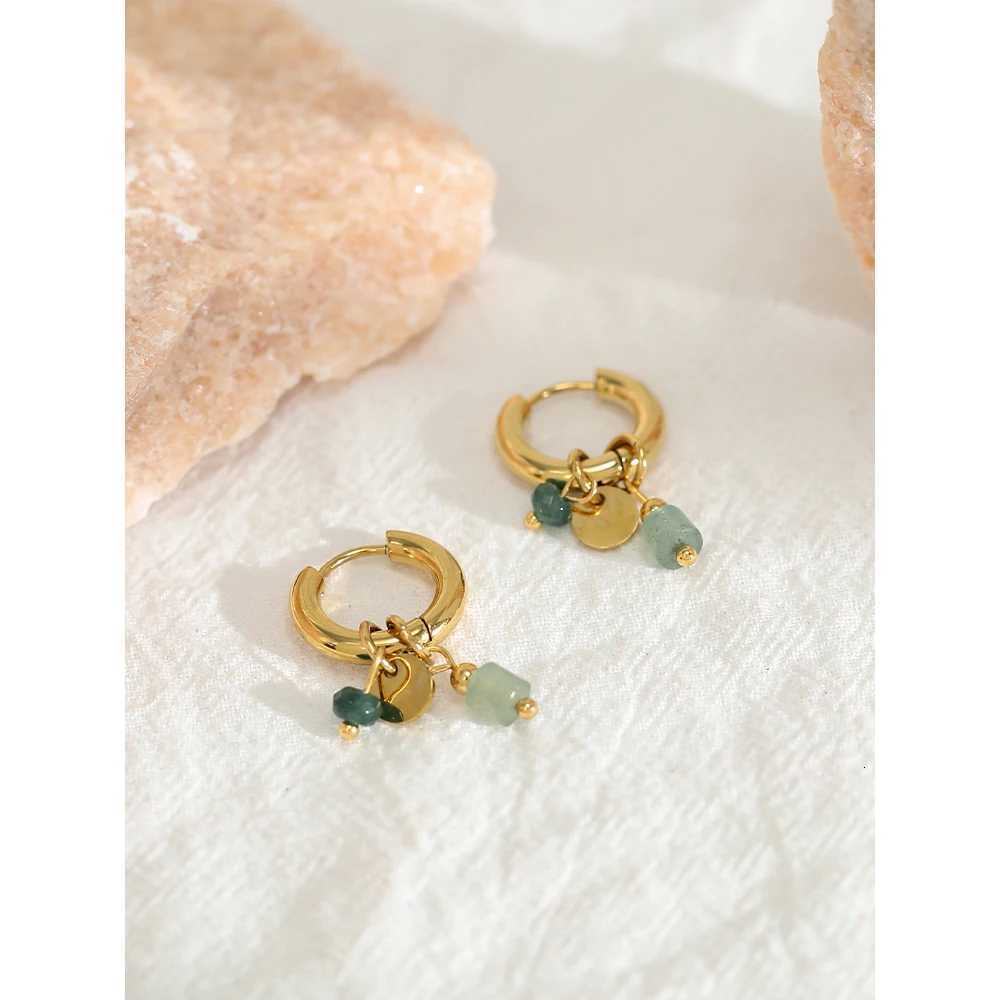 18K Gold Plated Stainless Steel Hoop Earrings for Women Vintage Green Natural Stone Charms Trendy Waterproof Jewelry Y250804