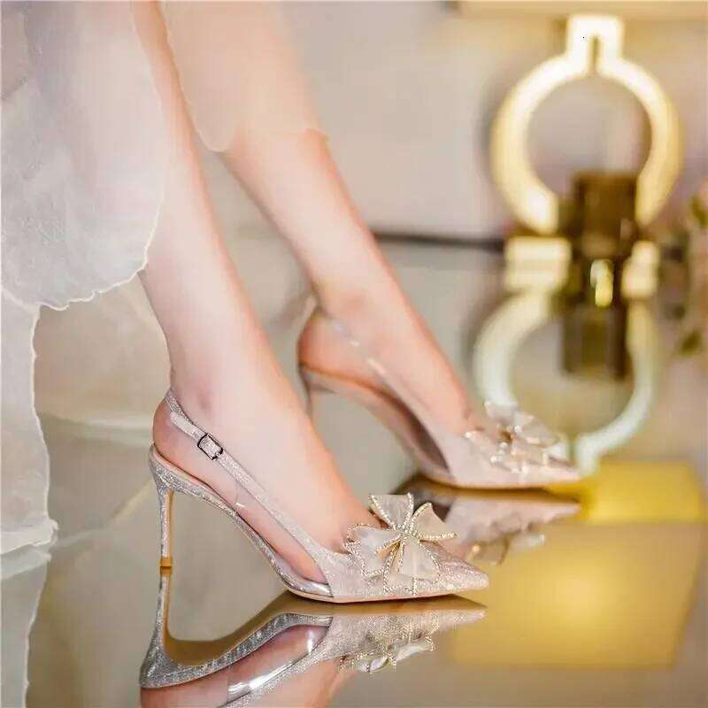 Spring Summer New Champagne Office Women High Heels With Bow Rhinestone Pointed Toe Thin Heel Sandals Party Ladies Shoes