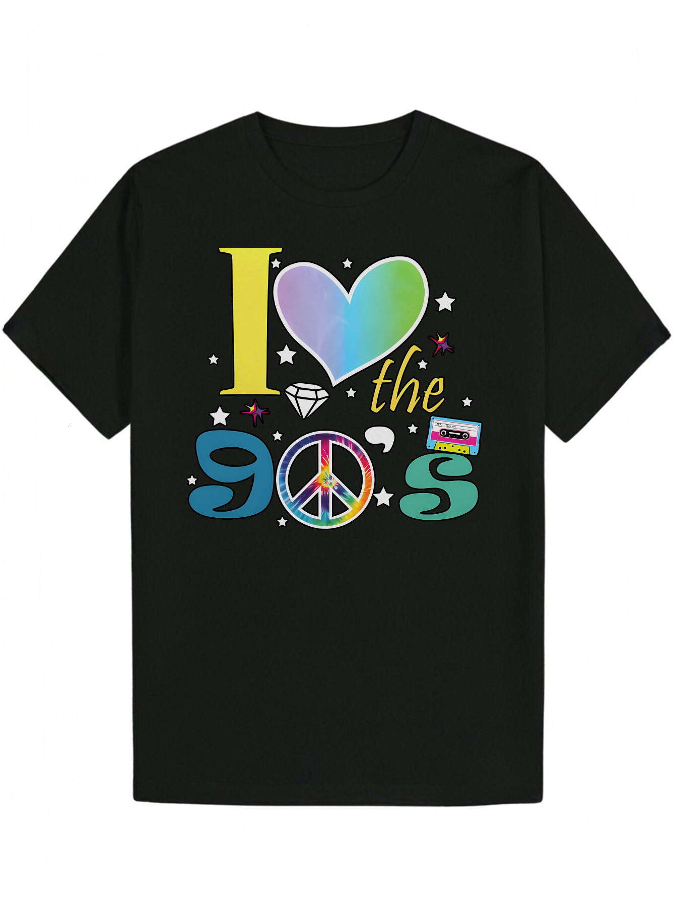 Men's Summer Casual Round Neck Polyester T-Shirt, Pattern Design "I Love the 90s", 80s to 90s Theme, Peace Sign and Rainbow Colors 1063