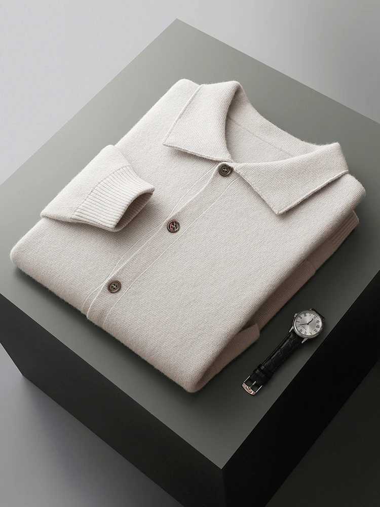 100% Merino Wool Knitwear Men Sweater High Quality Turndown Collar Single Breasted Solid Color Cardigan Soft Tops XJ250805