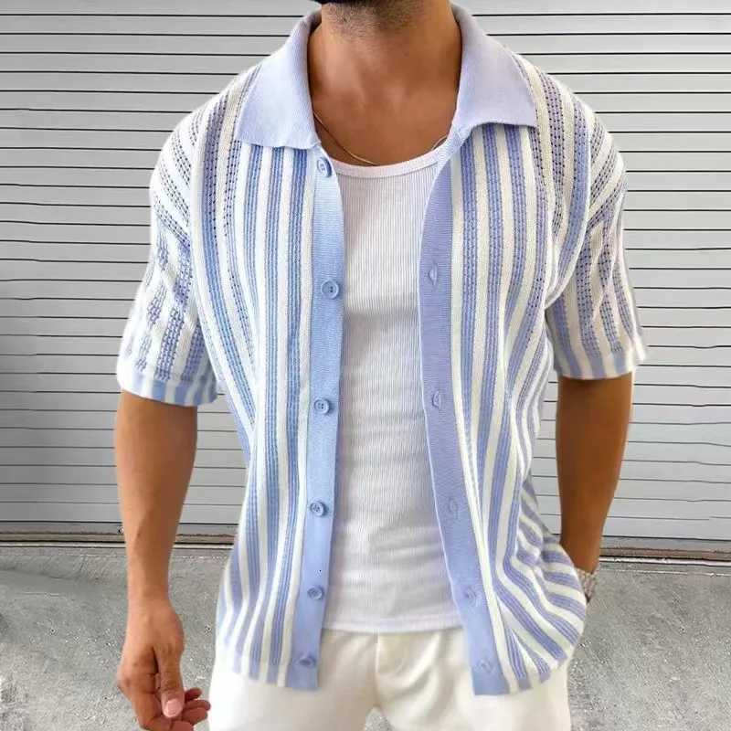 Summer Elegant Striped Mens Knitted Polo Shirts Short Sleeve Turn-Down Collar Button Cardigan Top Mens Casual Knitted Shirt XJ250805