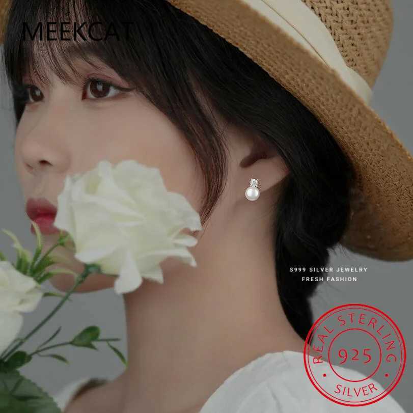 925 Sterling Silver Zircon Bead Freshwater Pearl Stud Earrings for Women Trendy Fine Jewelry Minimalist Accessories Y250804