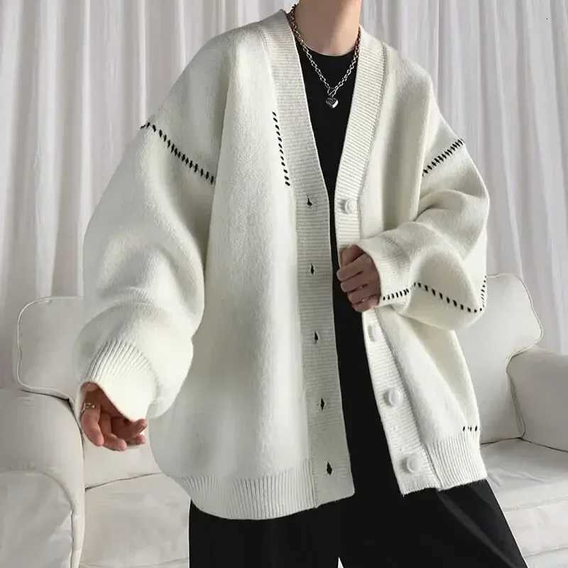 Man Clothes Coat White Knitted Sweaters for Men Japanese Retro Jacket Cardigan Patchwork S 90s Vintage Knitwears Korean Style X XJ250805