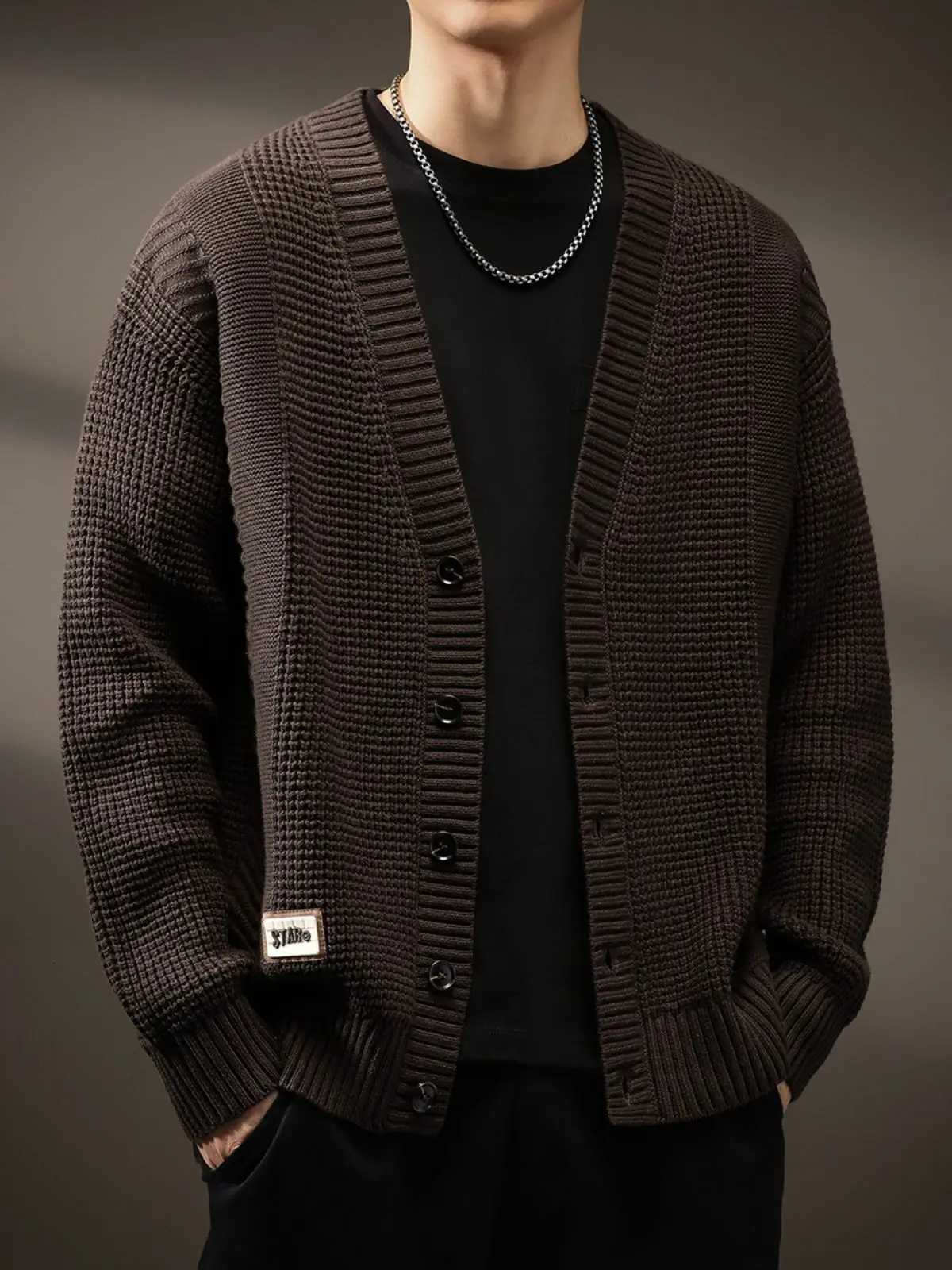 2025 Fashion Mens Knitted Cardigan Sweater Autumn Winter V-neck Solid Color Coat Coffee Single Breasted Men Korean Mens ClothingXJ250805