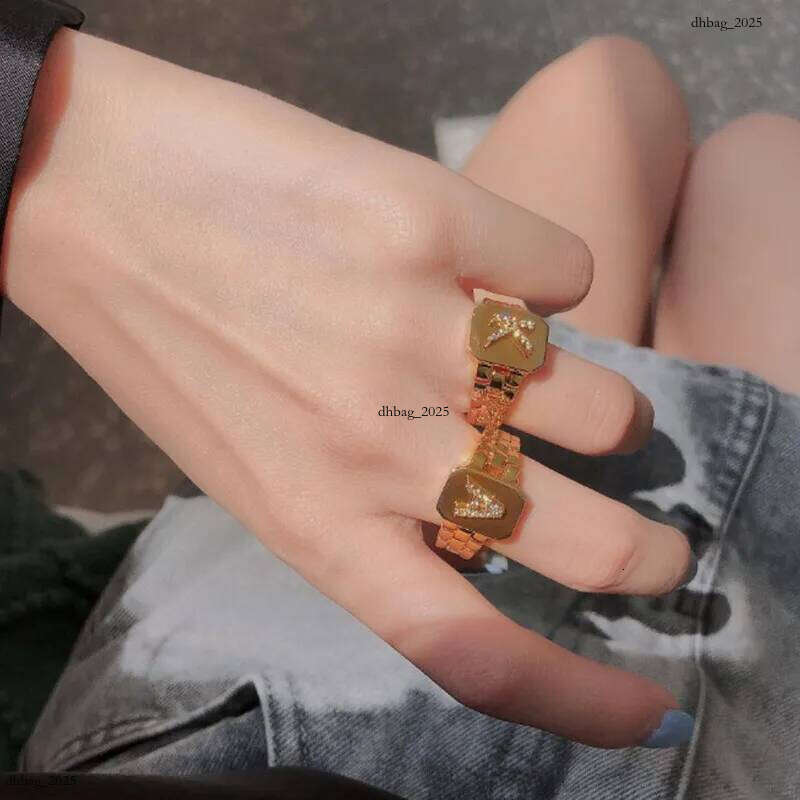 trendy gold color initial ring for women girl aaa cubic zirconia az watchband square letter open female jewelry gift