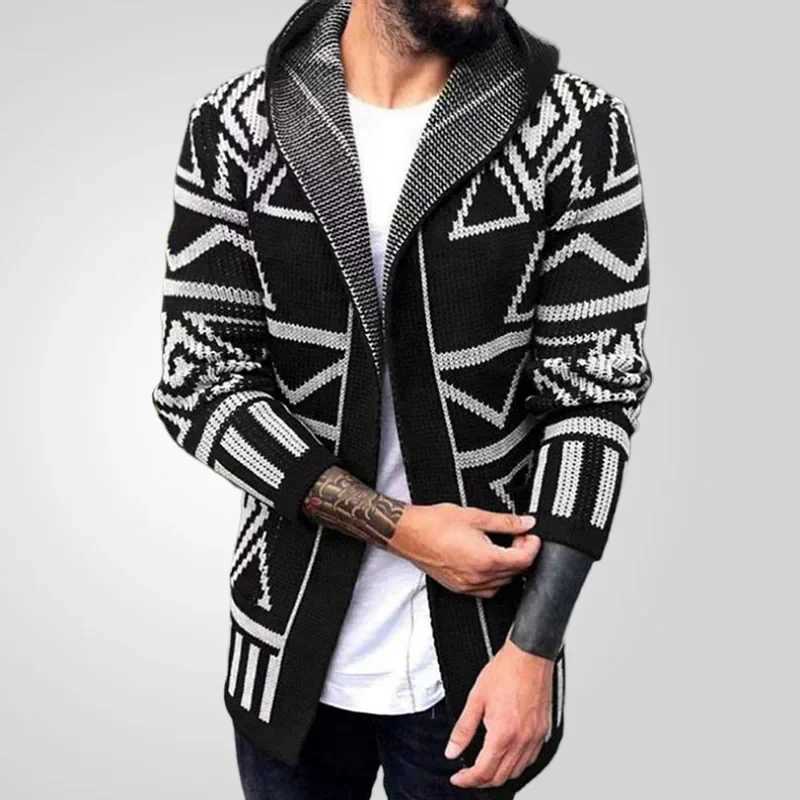 Men Cardigan Open Stitch Sweaters Mid Length Coat Hooded Full Sleeve Splice Knit Casual Regular Coats Autumn Winter 2024 XJ250805
