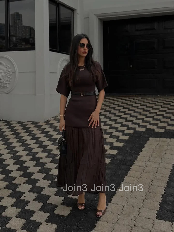 Womens Summer Dress Elegant O-neck Patchwork Pleated Half Sleeve Long Robes Female Spring New Fashion Evening Dress Woman