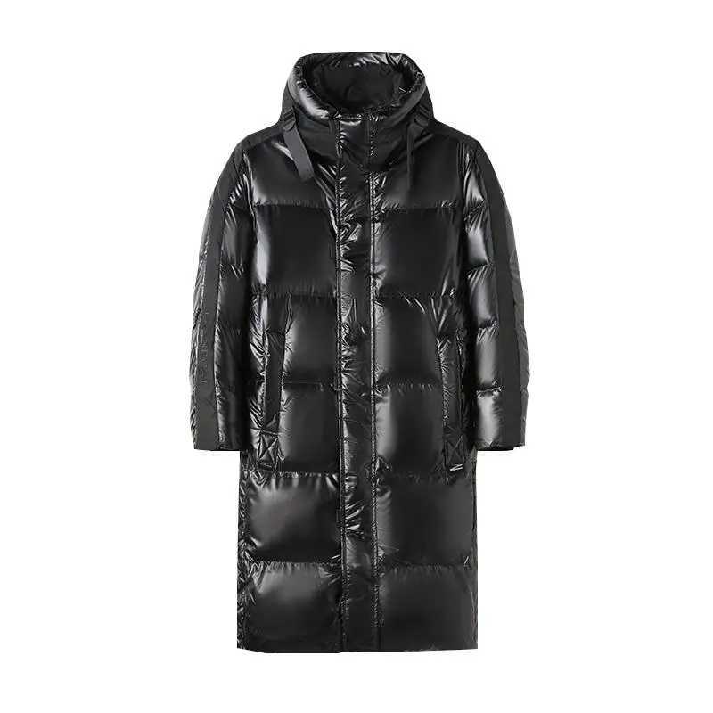2025 Winter Mens Casual Long-Length Duck Down Jackets Black Color Shiny Warm Puffer Coats Windproof Thick Padded Parkas W250806