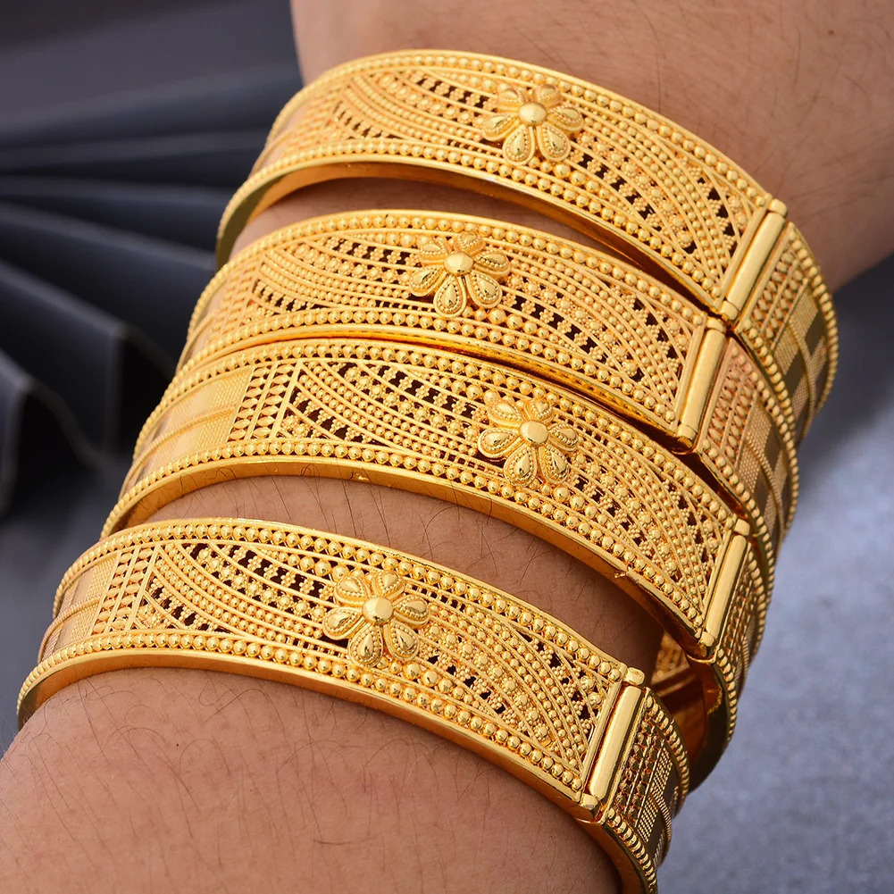 4Pcs/set Big Ethiopia 24k Dubai Gold Color Bangles For Women African Party Wedding Flower Gifts Bangles Bracelets Jewelry Gifts 250805
