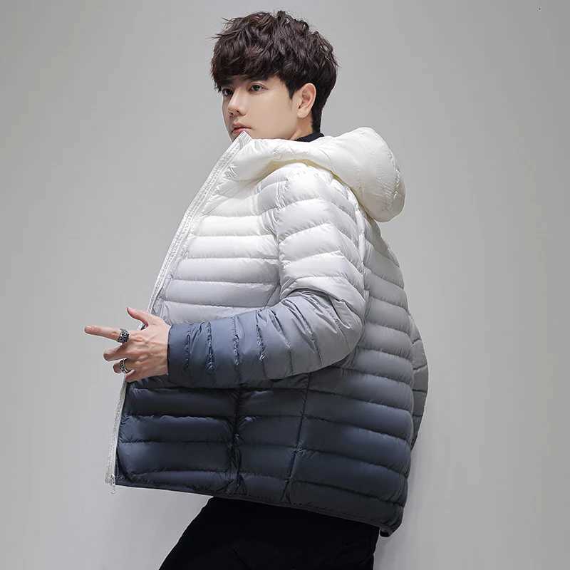 New Mens Lightweight Breathable Gradient High Quality Hooded Down Jacket Outdoor Sports and Leisure Fashion Trend Warm Jacket W250806
