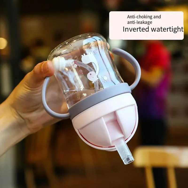 250ml Pink Baby Drinking Cup Feeding Bottle With Straw Gravity Ball Wide Caliber Milk Water Bottle With Handle X250806