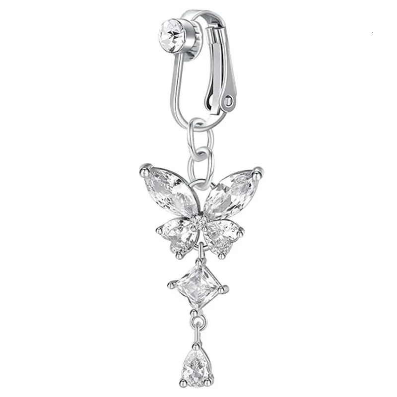 Clip On Belly Button Ring Butterfly Copper Zircon Pink Belly Piercing Umbilical Navel Body Jewelry Trendy Fashion Style 250805