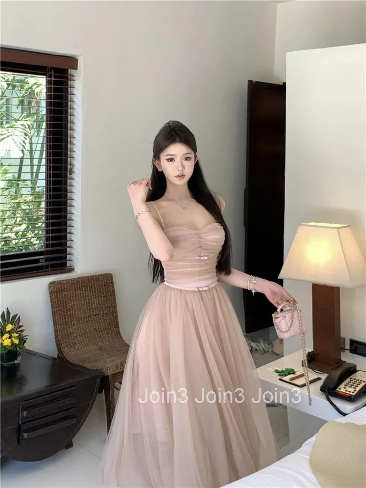Woman Dress Bow Sleeveless Slash Neck Mesh Patchwork Princess Sweet Elegant Summer Fashion Party Dresses Female