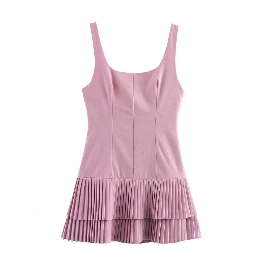Designer Clothing 2025 TRAFZA Women Fashion Square Collar Sleeveless Solid Mini Female Summer Pleated Chic High Street Slim Short Dress