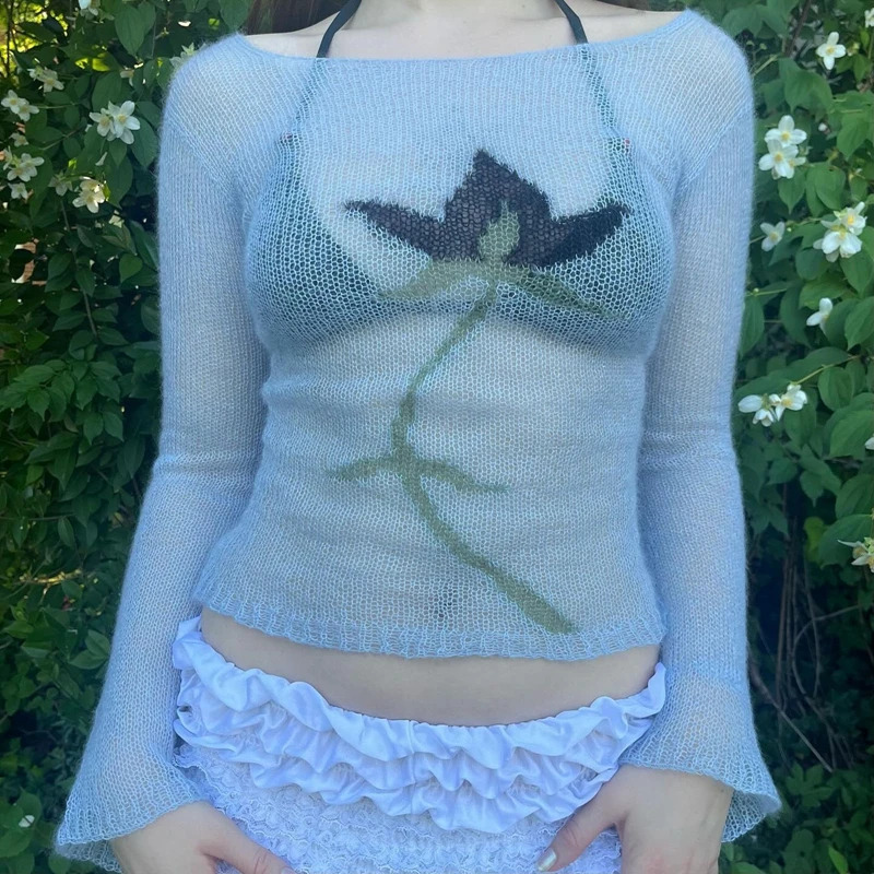 Flower Long Sleeve Knitted Crop Tops Aesthetic See Through Sweater Tees 90s Vintage Y2k Gyaru Crop Tops Jumpers Cottage Clothes 250806