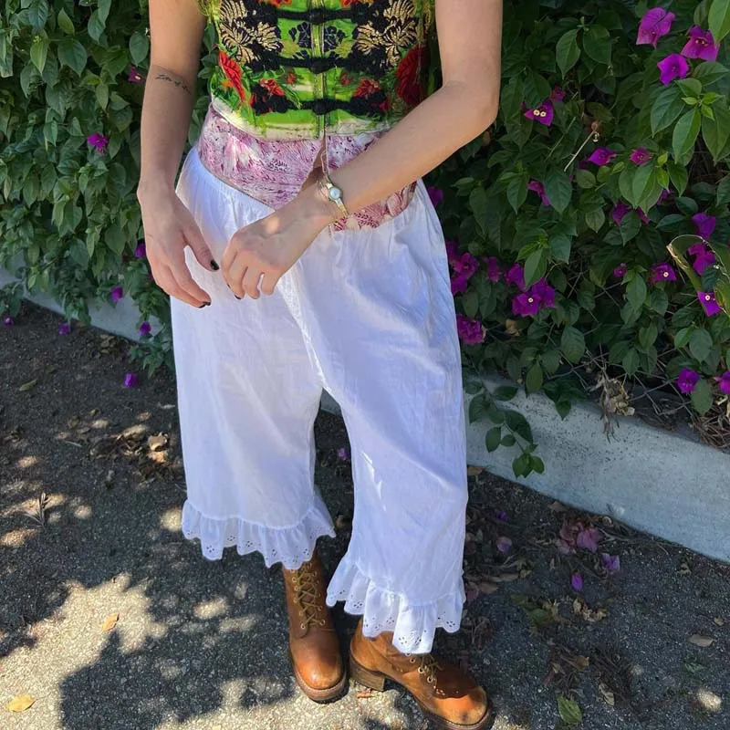 Cottage Fairy Wide Leg Pants Y2k Aesthetic 00s Retro High Waist Calf-Length Pants Vintage Lounge Loos Fit Ruffles Hem Trousers 250806